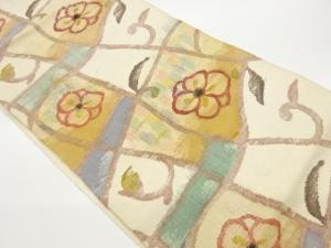 手織り真綿紬変わり格子に花唐草模様織出し名古屋帯